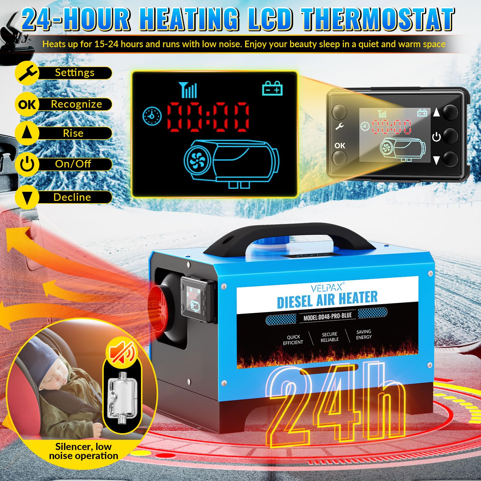 VELPAX Chauffage Diesel 8 KW 12V Tout-en-Un Portable Chauffage à Air Diesel,0,16-0,52 L/h Réchauffeur d'air Diesel 8-36 ℃ Réglable 15-20 m² Contrôle Intelligente LCD Réservoir 5 L pour Bateau Auto