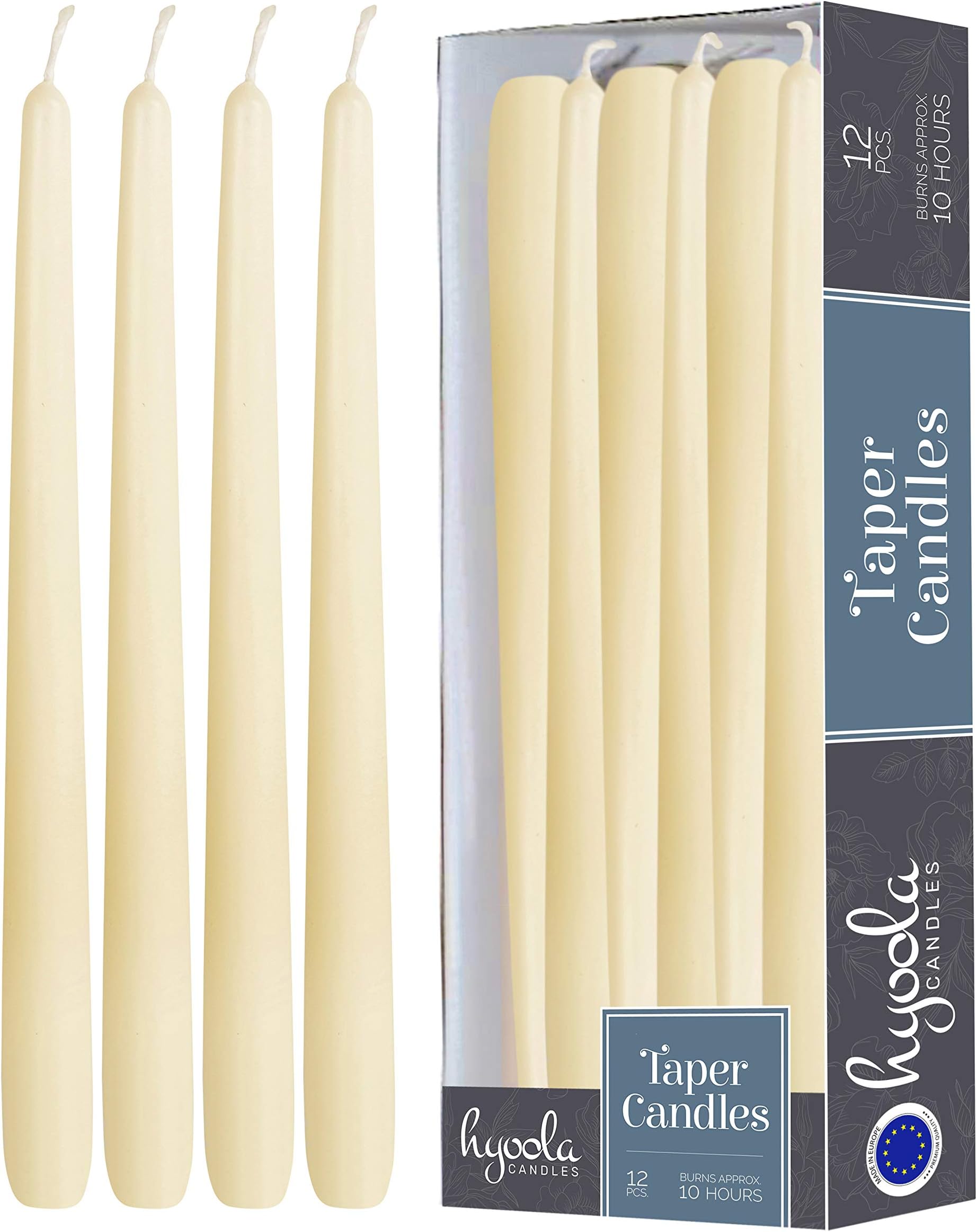 Hyoola 12 Pack Tall Taper Candles - 12 Inch Woolwhite Dripless, Unscented Dinner Candle - Paraffin Wax with Cotton Wicks - 10 Hour Burn Time