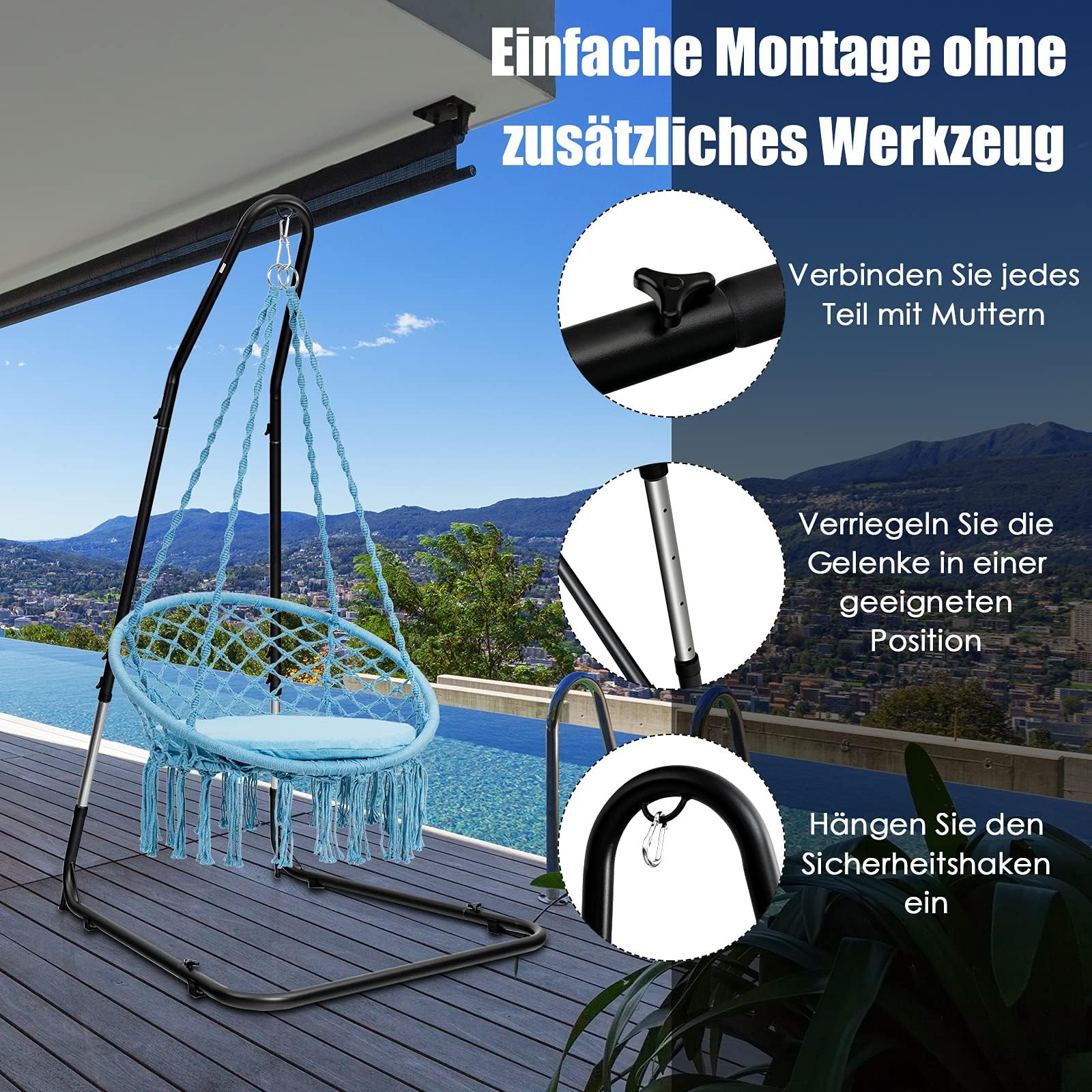 FANTASK Poltrona sospesa con Telaio in Metallo, Altezza Regolabile e Portata 150 kg, Supporto per Poltrona sospesa con Design Resistente alle intemperie