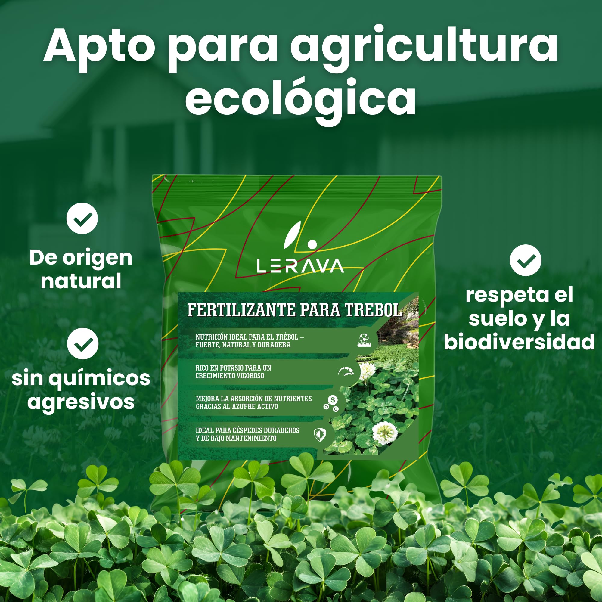 LERAVA® Fertilizante para Trébol (4,6 kg) - Abono para Jardín Verde, Fuerte y Denso - Repoblador para Césped y Trébol - Ideal para un Jardín Sano y un Césped Uniforme