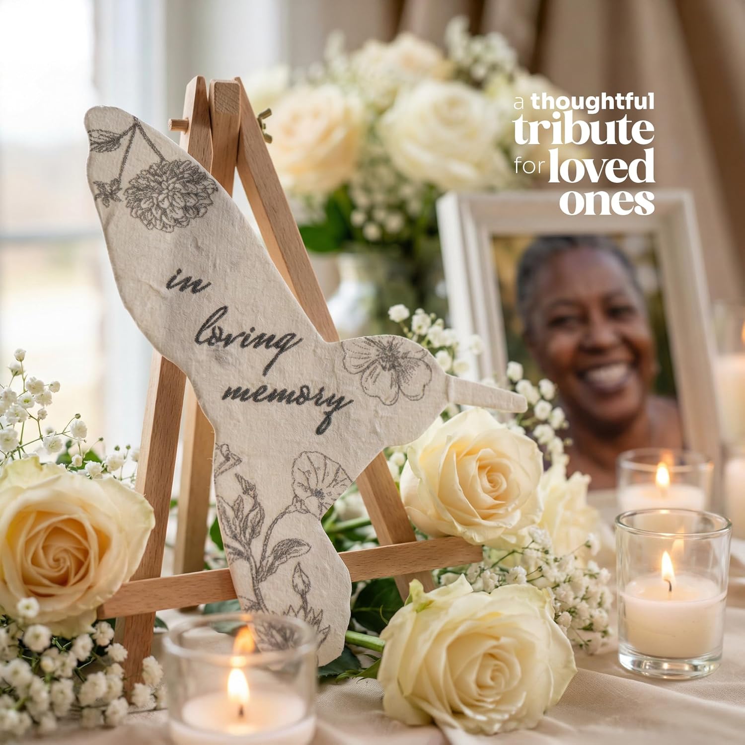 植えられるワイルドフラワーシードペーパー - 48枚 ブラック&amp;ホワイト ハチドリ型 葬儀の記念品 メモリアルギフト 父と母