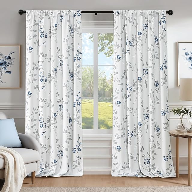 Beauoop Floral 100% Rideaux noircissements 84 Poches longues 2 Panneaux pour chambre à coucher Salon Bleu Gris et Blanc Fleur Patterné Chambre Darkening Thermique Insonorisée Rod Pocket Back Tab Fenêtre Draps, 52X84