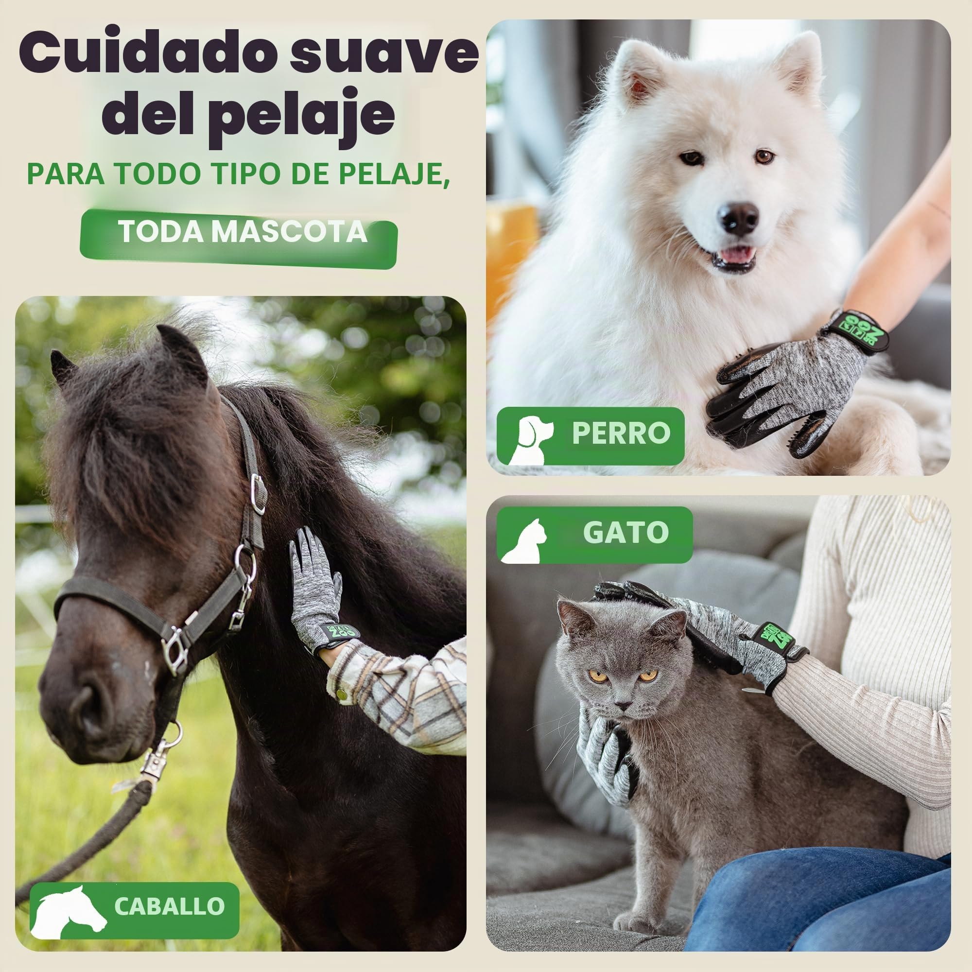 Guantes profesionales de aseo Dr. Zoo para cualquier mascota con pelo corto, mediano y largo; se pueden utilizar como cepillo de perro/gato/caballo o peine de curry; guante de aseo para eliminar el