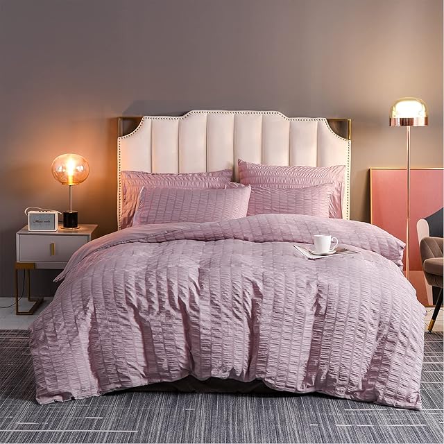 TEALP Double Seersucker Duvet Cover Set with Pillow Cases 3 Pieces Boho Duvet Cover ,Soft and Durable Bedding Set for All Seasons (Pink, Double)