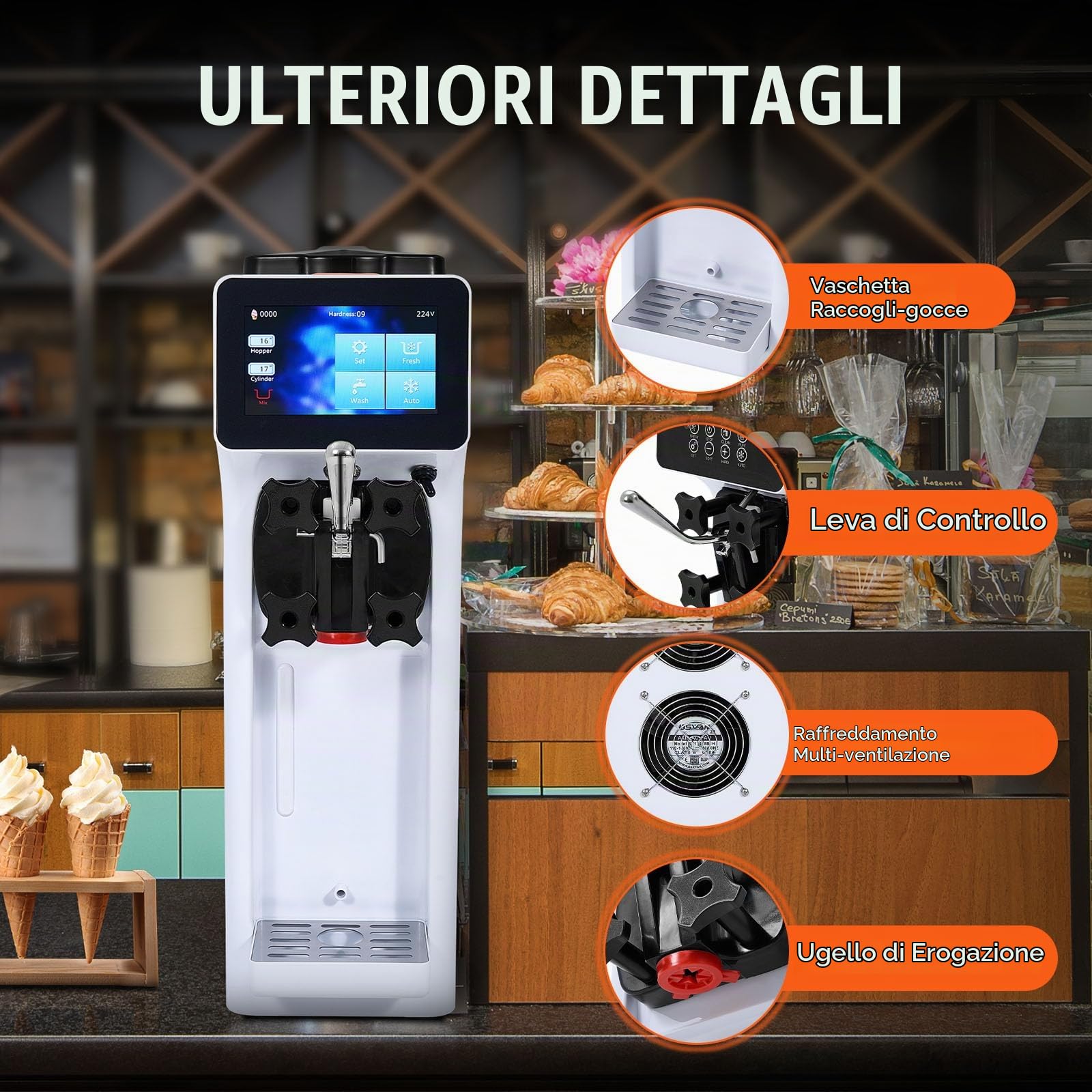 VEVOR Macchina per Gelato Commerciale, Produzione 10 L/H, Macchina per Gelato Soft da Banco Monogusto 900 W, Tramoggia 4 Litri, Cilindro 1,6 Litri, per Snack Bar Ristorante