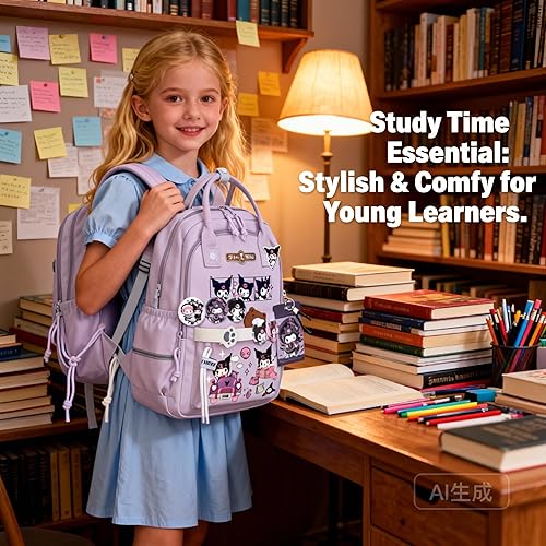 Miniatura 3 de Mochila kawaii, resistente al agua, transpirable, con múltiples bolsillos, adecuada para viajes y como regalo de cumpleaños, Morado08, Mediana,