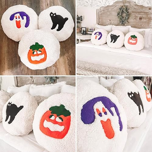 Miniatura 8 de Almohada de galletas de Halloween, 1 unidad, almohada decorativa para sofá, cojín de peluche con forma de calabaza y gato, cojín de felpa peluda