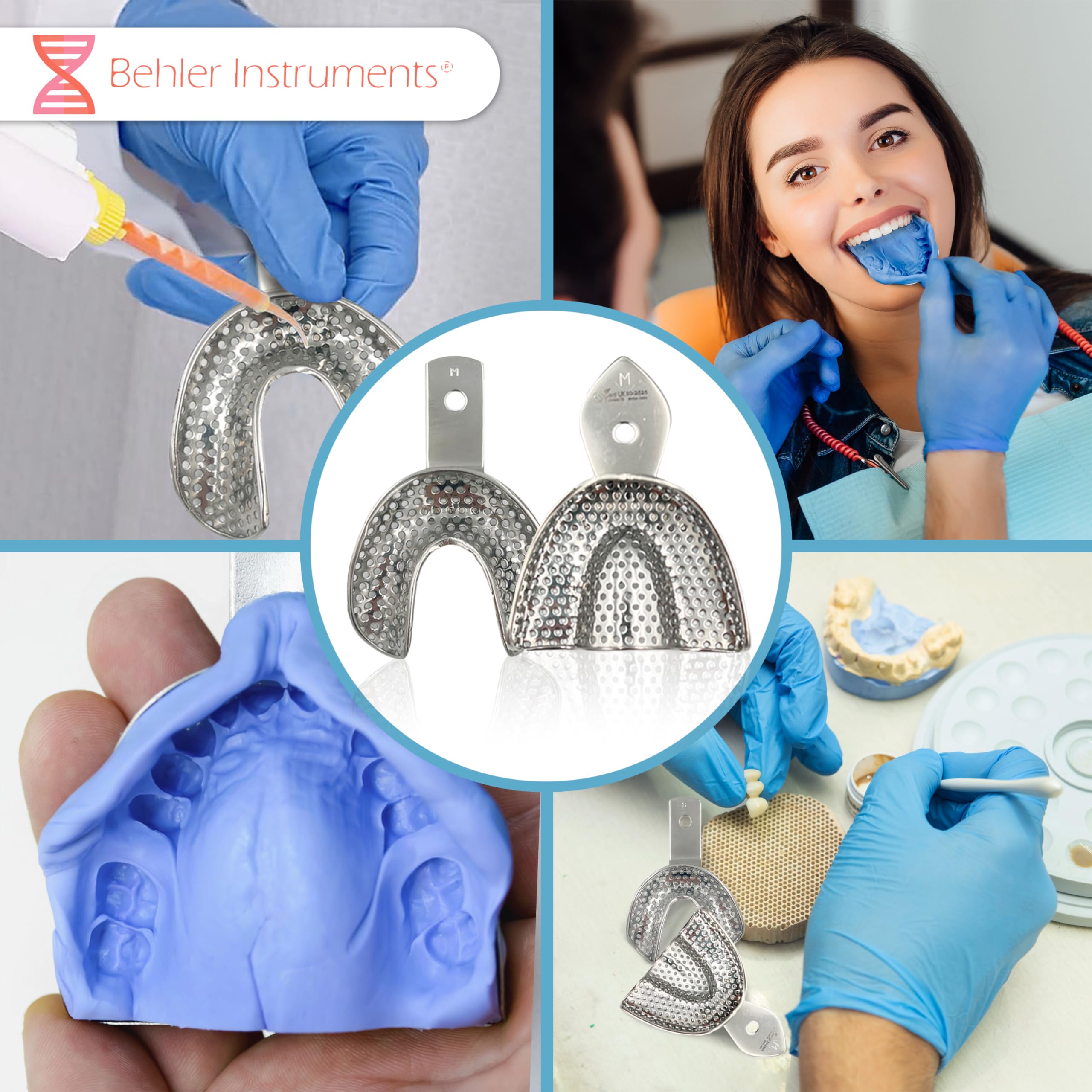 PACK 8 Pezzi Vassoi per Impronte Dentali Individuali, Dentate con Perforazione - 4 Inferiori e 4 Superiori - Acciaio Inossidabile ad alta resistenza - Strumento Essenziale per Professionisti Dentali