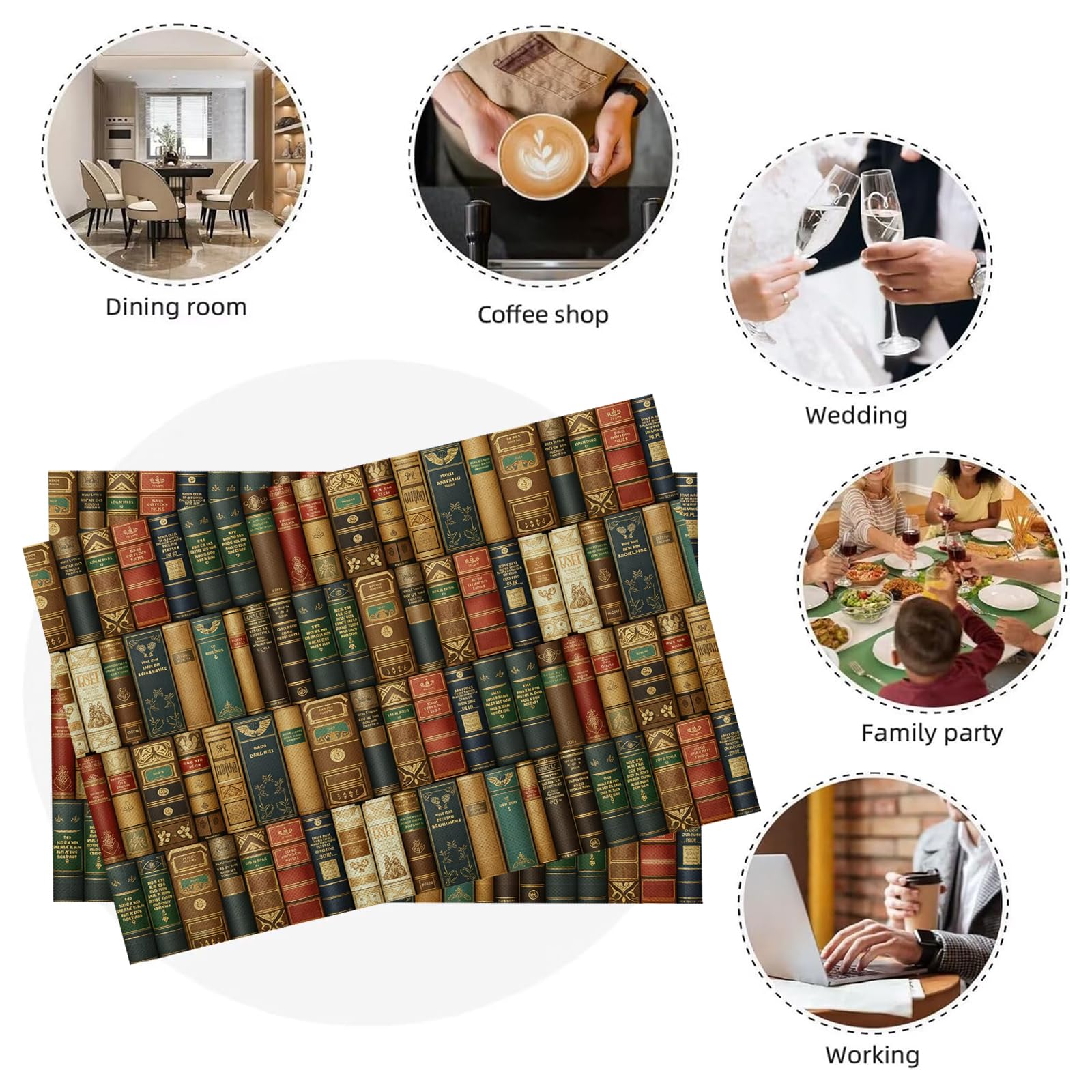 Set de Table Rétro - 8 Pièces Tapis de Table Livres en Coton et Lin 45×30cm Lavable Placemats Rectangulaire Réutilisable pour Salle à Manger, Salon