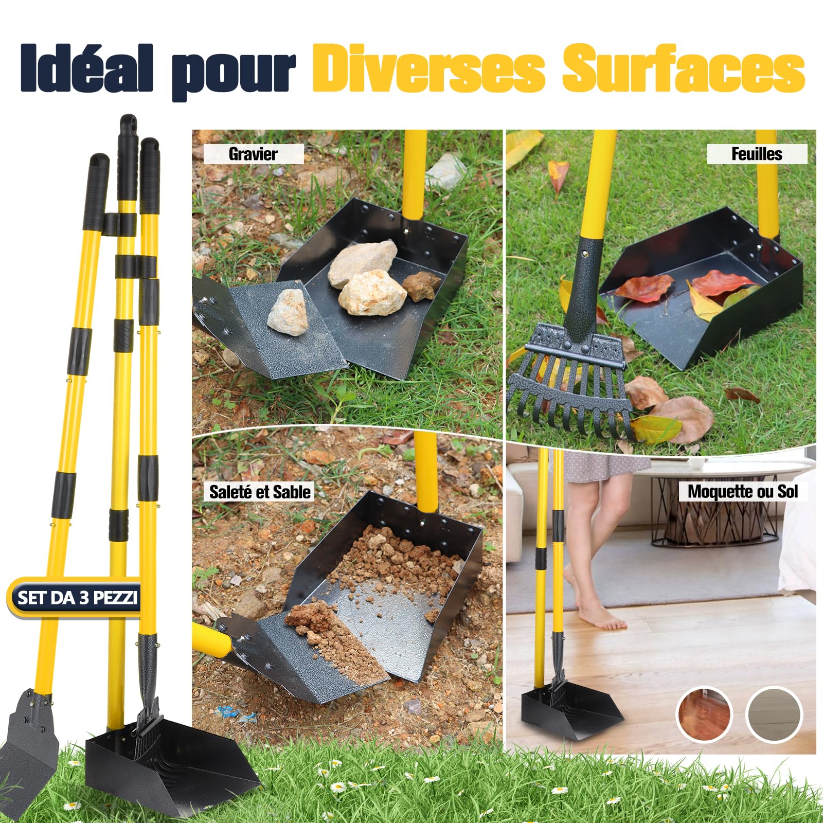 Ramasse-Crottes, Plateau, RâTeau & Pelle pour Chien avec Long Manche MéTal Ajustable, Pelle Crotte Robuste avec Sacs à DéChets pour la Cour, Les Promenades, l'herbe et Les Feuilles de Jardin