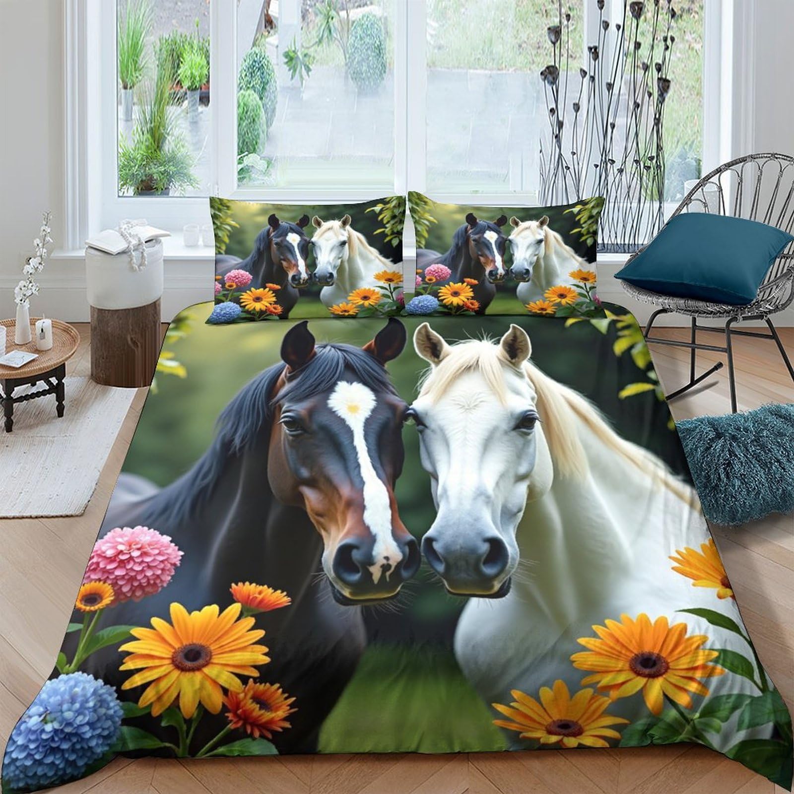 GPLZQXKJNH 3D Printed Horse Meadow Duvet Cover Microfiber Soft Breathable Floral Quilt Cover Set with 2 Pillowcases for Bedroom Decor, Single（135x200cm）