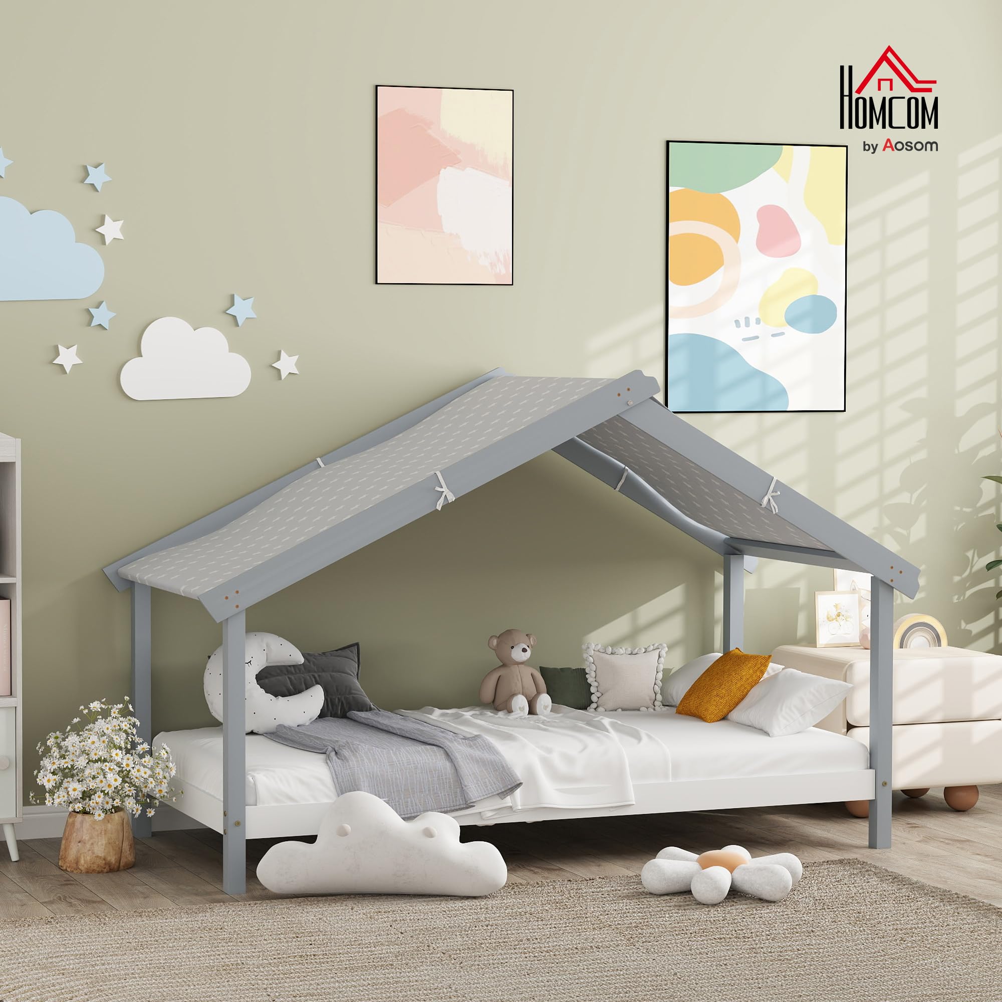 HOMCOM Letto Montessori per bambini a Casetta con Tetto Stellato, Letto per Bambini 90x190 cm per Cameretta con Struttura in Legno di Pino, 15 Doghe e Barriere di Protezione, Grigio