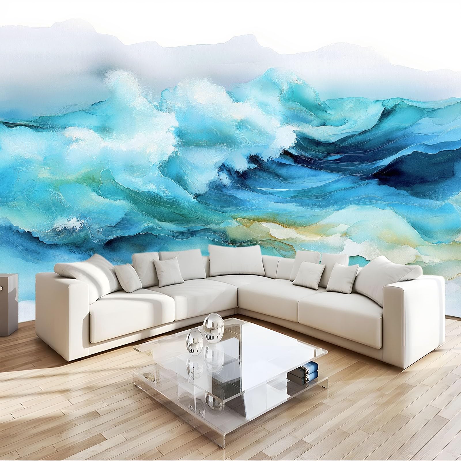 Generico Carta da Parati Panoramica Moderno Astratto Onde Montagne Nebbia Blu Navy 300 x 210 cm, Fotomurale Moderno in TNT per Soggiorno e Camera da Letto, Decorazione Parete Premium