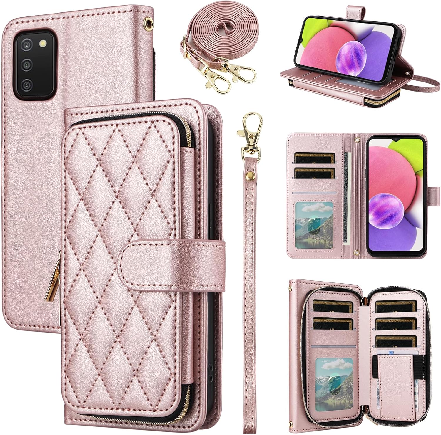 Argyle Wallet Case for Samsung Galaxy A03s US Version 5G 2022 with Wrist Strap Shoulder Strap, 9+ Card Slot Zipper Purse Stand Checkered Phone Cover for Ao3s A 03s SM-A037U SM A037U Rose Gold