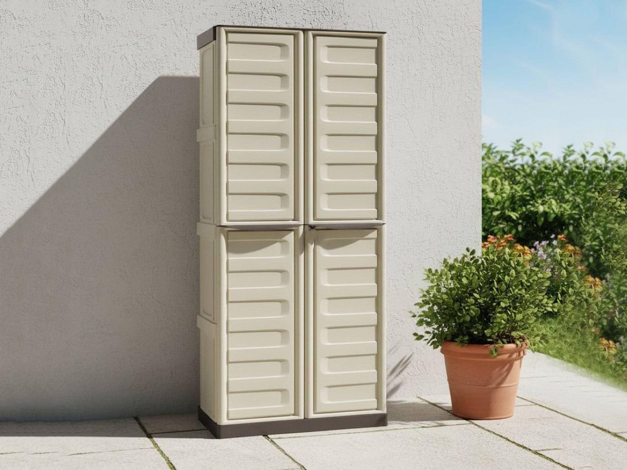 Dmora - Armoire d'extérieur Avelgem, armoire de balcon polyvalente, meuble à balais 2 portes, 100% Made in Italy, 70x47h178 cm, beige et marron, finition rayée