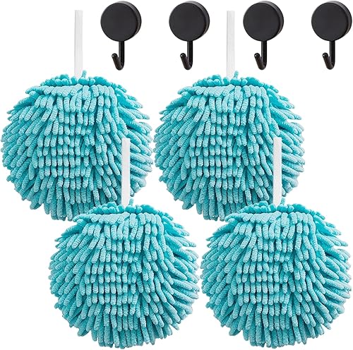 Juego de 4 toallas de mano de felpilla de secado rápido con 4 ganchos, para baño y cocina, para secar tus manos al instante (4 azul)