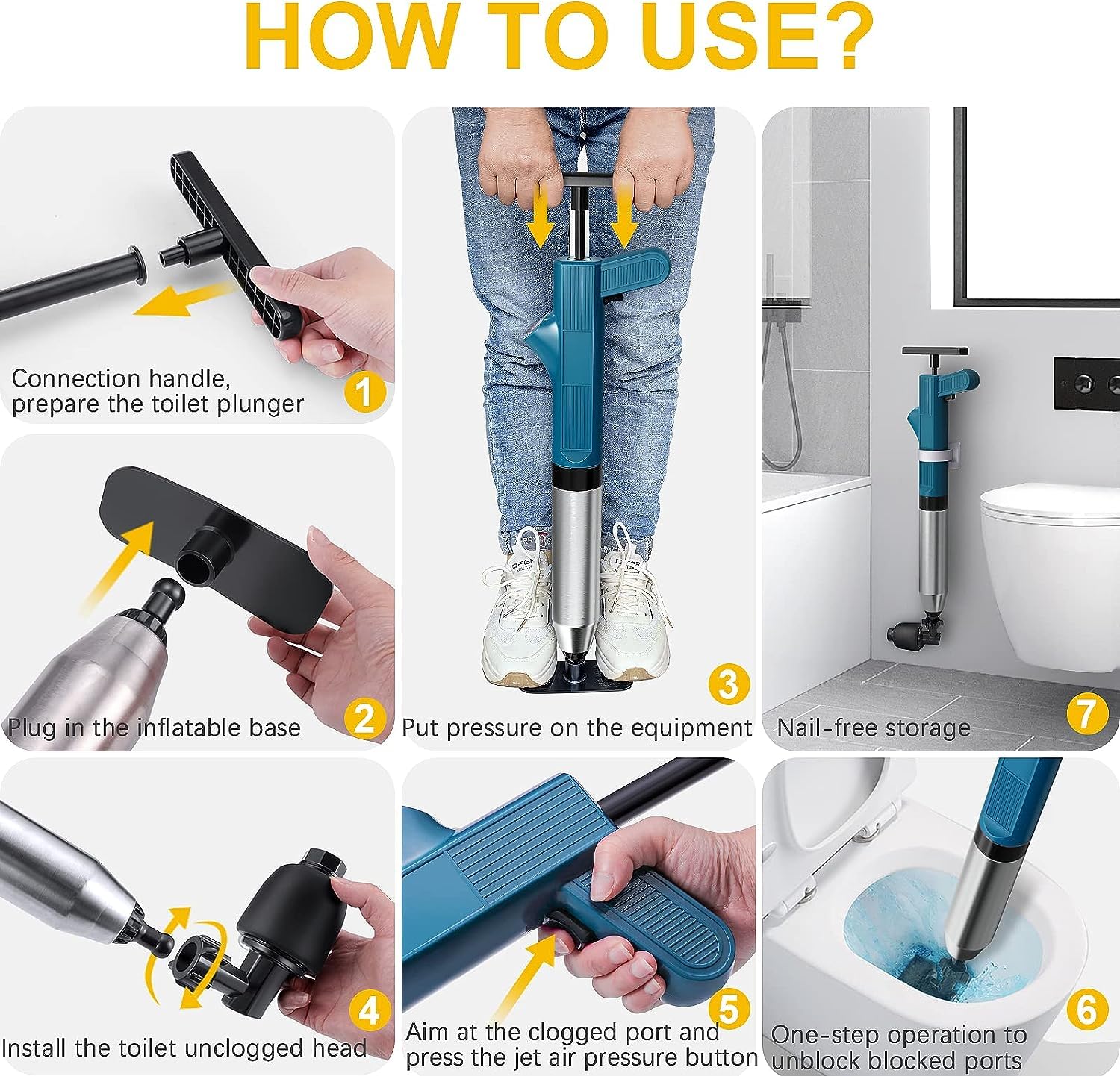 Rohrreiniger Druckluft, Pressluft rohrreiniger, toilette verstopft,rohrreinigungspumpe,WC abflussreiniger pumpe 4 in 1 Drucktoiletten-Entstörer für Toilette/Waschbecken/Badewanne