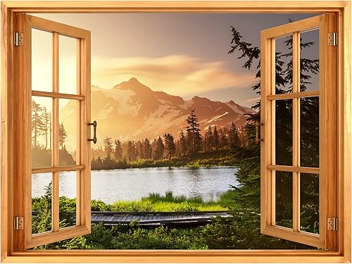 Miniatura 3 de SIGNWIN Adhesivo mural removible para pared, vista de ventana, puesta de sol, amanecer, cordillera, naturaleza, desierto, fotografía, realismo,