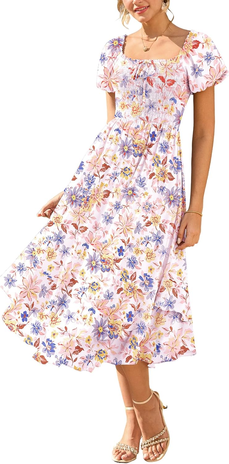 GRACE KARIN Womens Summer Dresses 2026 Puff Short Sleeve Floral Wedding Guest Dress Smocked Tiered Maxi Dress with Pockets