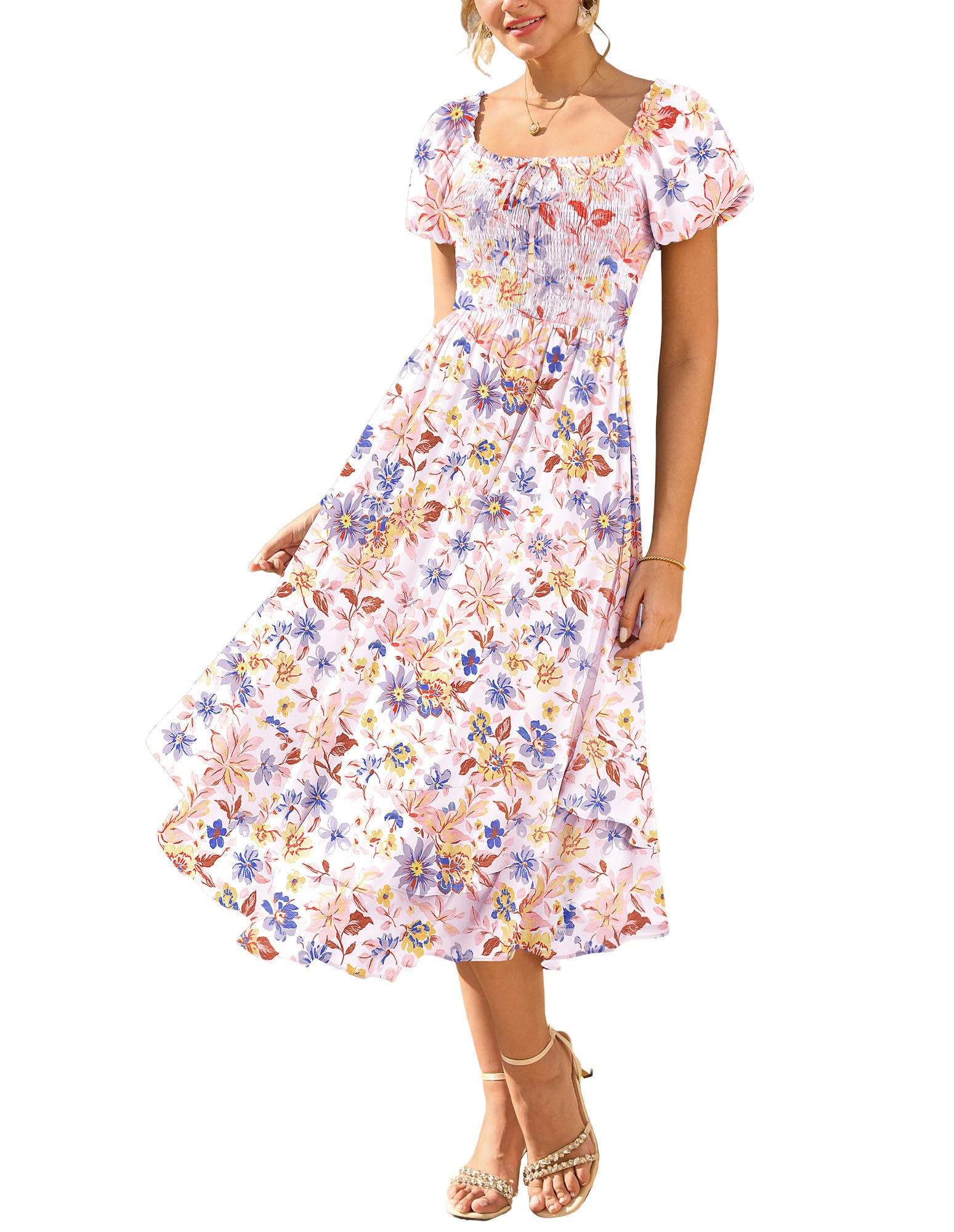 GRACE KARIN Sommerkleid Damen Hochzeitsgast A-Linie Maxi Blumen Kleid | Kleid mit Puffärmel und Taschen. Bedruckter Chiffon, gefüttert. Perfekt für Hochzeitsgäste, Strandurlaub & Sommer