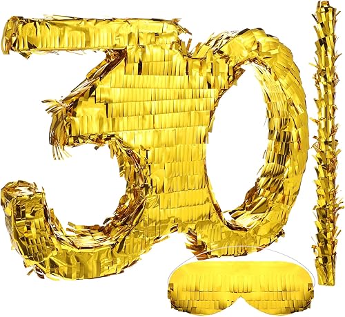 Piñata de número 30, 16 x 12 x 2 pulgadas, piñata de cumpleaños con vendaje y palo para adultos, decoraciones de fiesta de cumpleaños de 30 años,