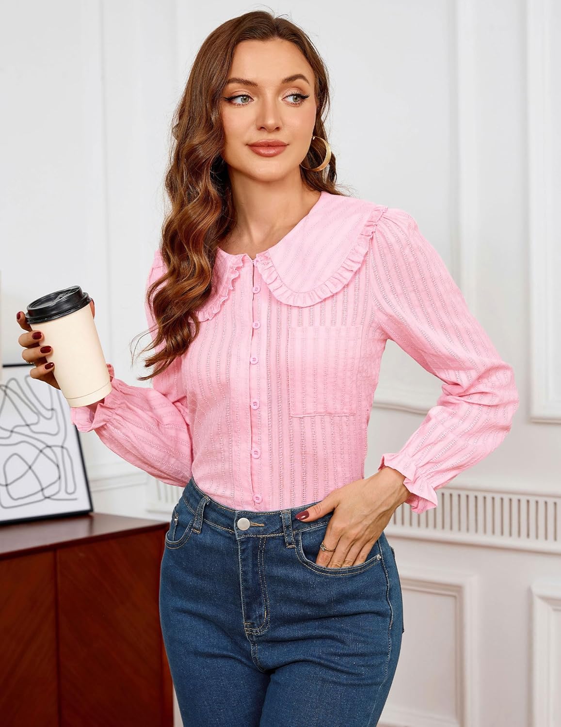 Women Spring Long Sleeve Shirts Peter Pan Collar Button Down Puff Sleeve Blouse Lightweight Casual Cotton Tops - Image 6