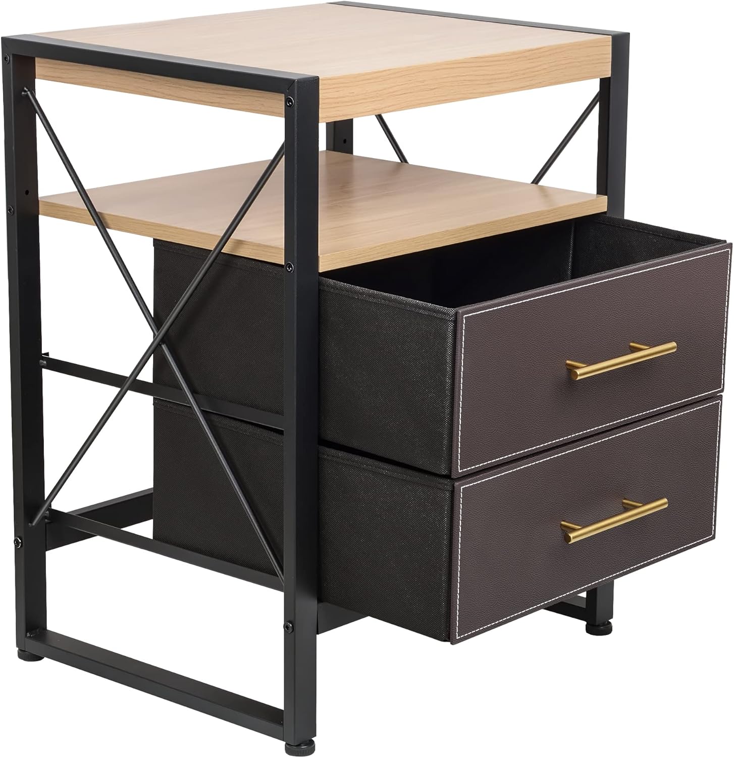 Nightstand with 2 Drawers with Removable Fabric Bins, for Bedroom, Living Room - Sturdy Iron Frame, Wood Top, Gold Pull Handle