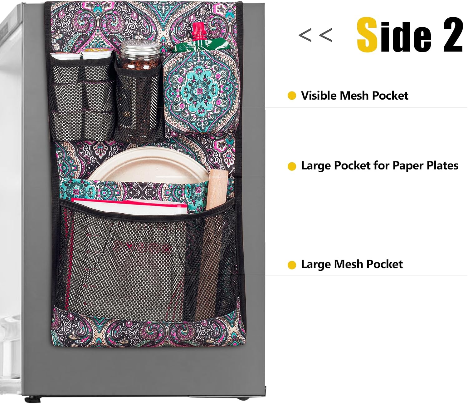Rexmica Mini Fridge Organizer, Dust Cover with 14 Pockets for Most Household Refrigerators, Hanging Mini Fridge Caddy Organizer Storage Bag for Dorm, Office, Kitchen, Home, School, Flowers