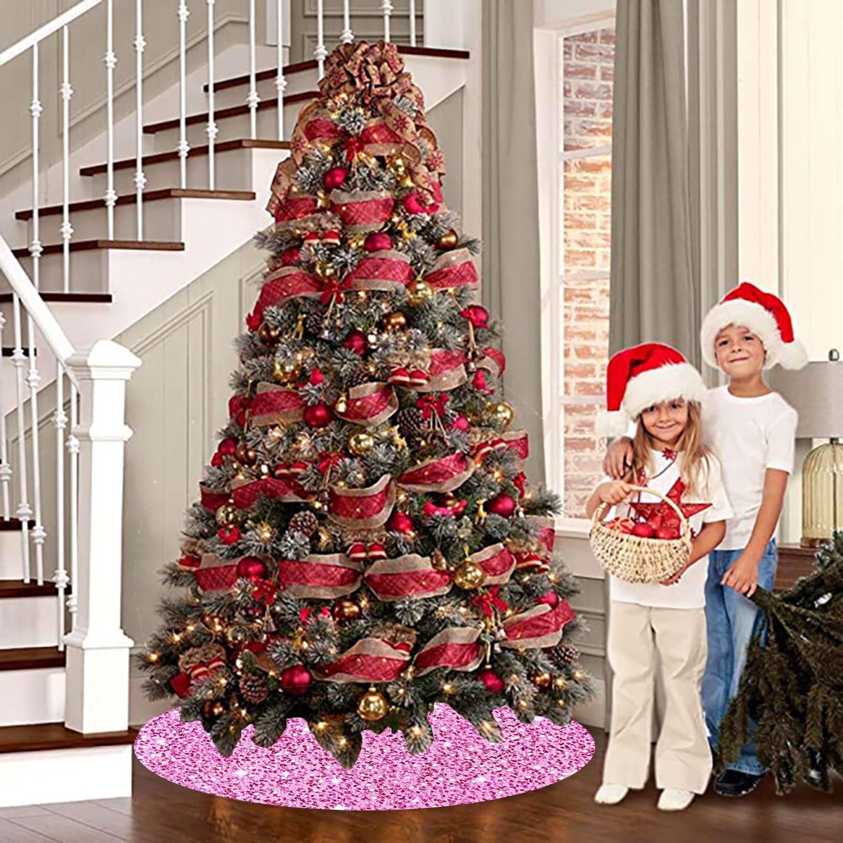 Gonna per albero di Natale con paillettes, 71,7 cm, colore rosa caldo, per albero di Natale, decorazione natalizia di Halloween, decorazione vintage per albero con paillettes glitterate, tappetino