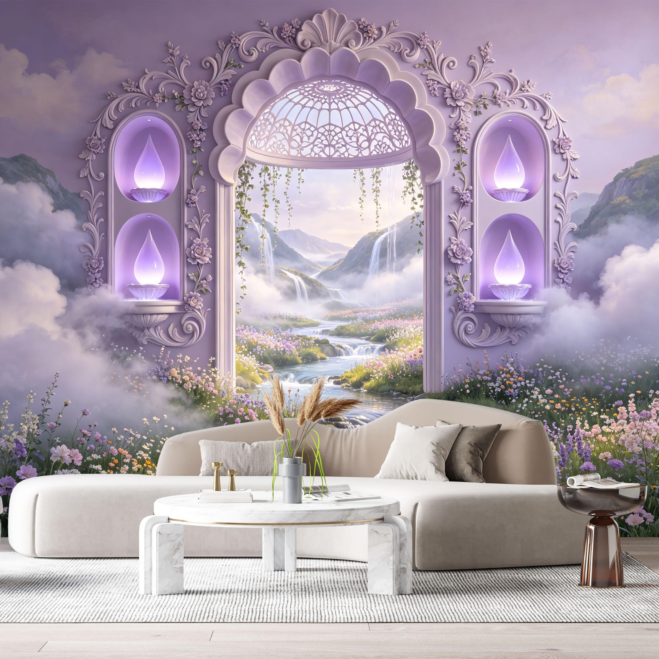 Custom Size Wall Murals Surreal Magical Landscape Mountain Stream Waterfall Lavender Arch 3D Trompe L'Oeil SelfAdhesiveWall Fabric Removable Wallpaper Wall Decor for Living Room Bedroom