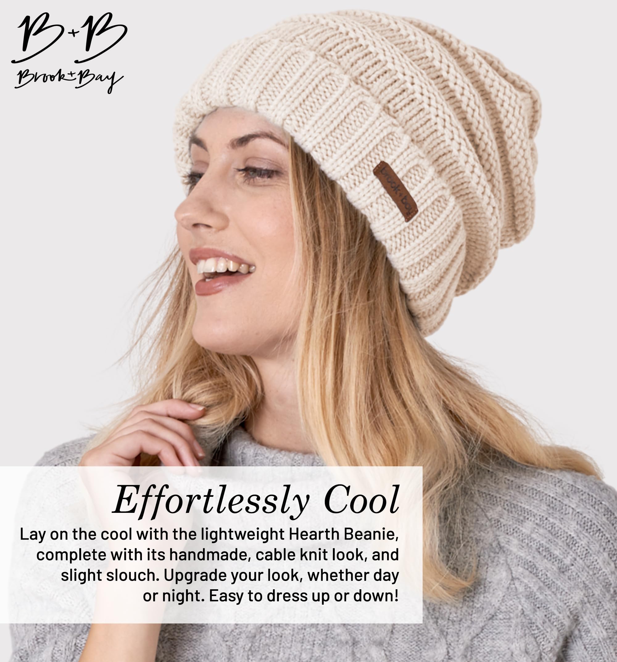 Brook + Bay Slouchy Beanie - Women's Winter Hats, Beanie Slouch Hats for Cold Weather, Oversized Beanie Knitted Hats for Women & Men Beige
