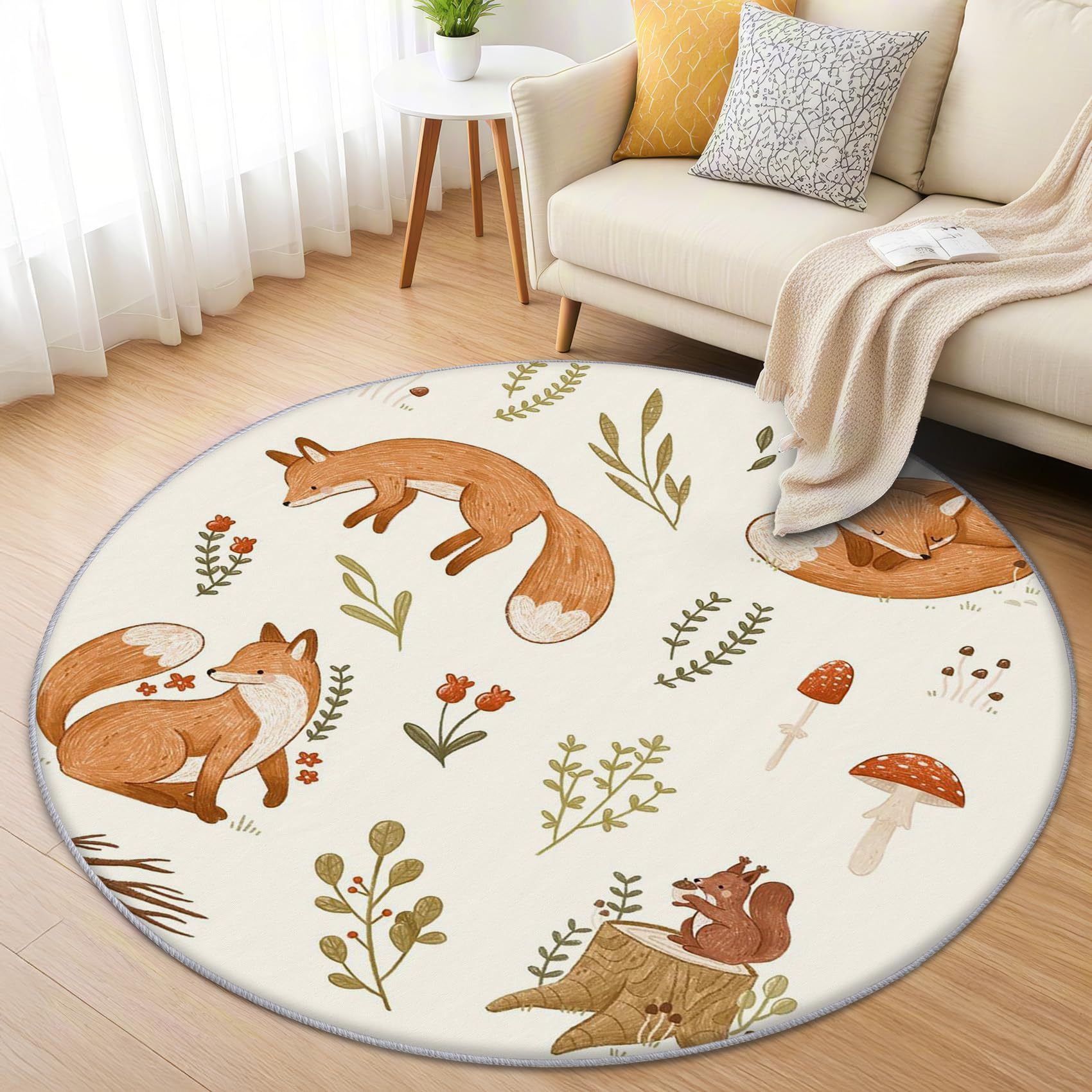 Fuchs Teppich Rund 120cm Kurzflor - Waschbare Teppiche Wohnzimmer Kinder Cartoon Tiere - Runder Teppich 120 Durchmesser Kinderzimmer - Bettvorleger Schlafzimmer rutschfest Weich