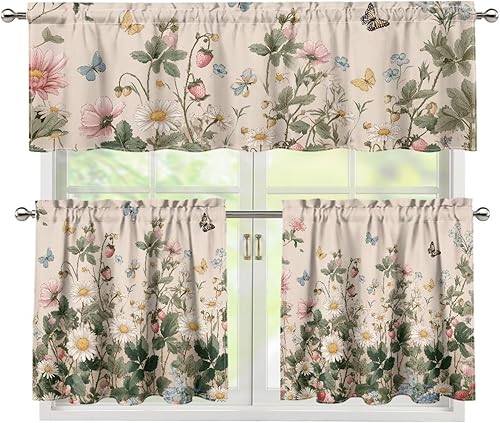 Miniatura 10 de Cortinas de Cocina con Colibríes y Flores, Cortinas de Ventana con Cenefa y Niveles Juego de 3, Cortinas Cortas con Bolsillo para Barra, Cortinas