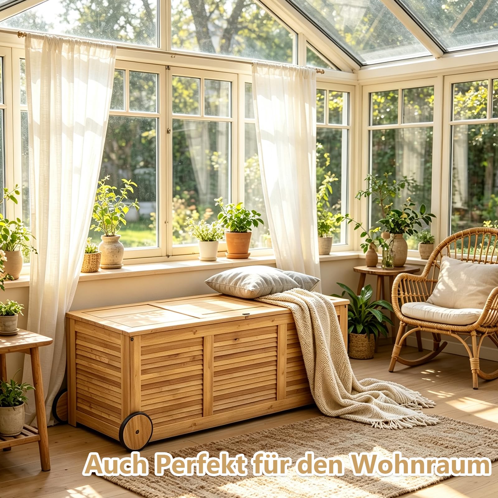 GIANTEX Gartenbox Holz Auflagenbox Gartentruhe Kissenbox Holzbox Garten | Wetterfest mit Abdeck- & Innenplane, Mobil mit Rollen & Griff, Aufbewahrungsbox Garten, Holztruhe Outdoor, für Gartenauflagen