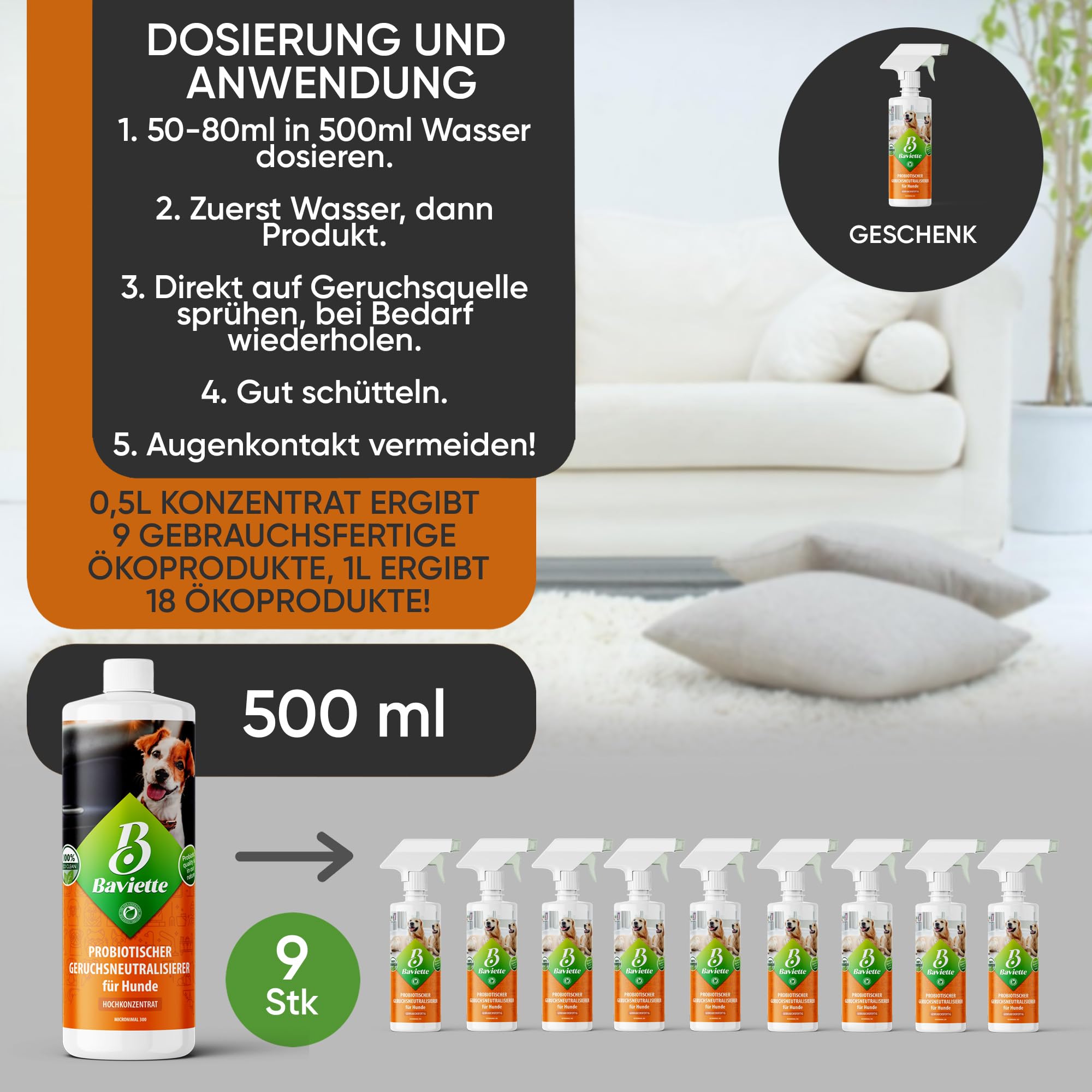 Baviette Concentrato da 500 ml, neutralizzatore di odori per la casa dei cani, con microrganismi naturali, inodore, senza cloro e delicato sui materiali, adatto per tessuti, mobili, tappeti e auto