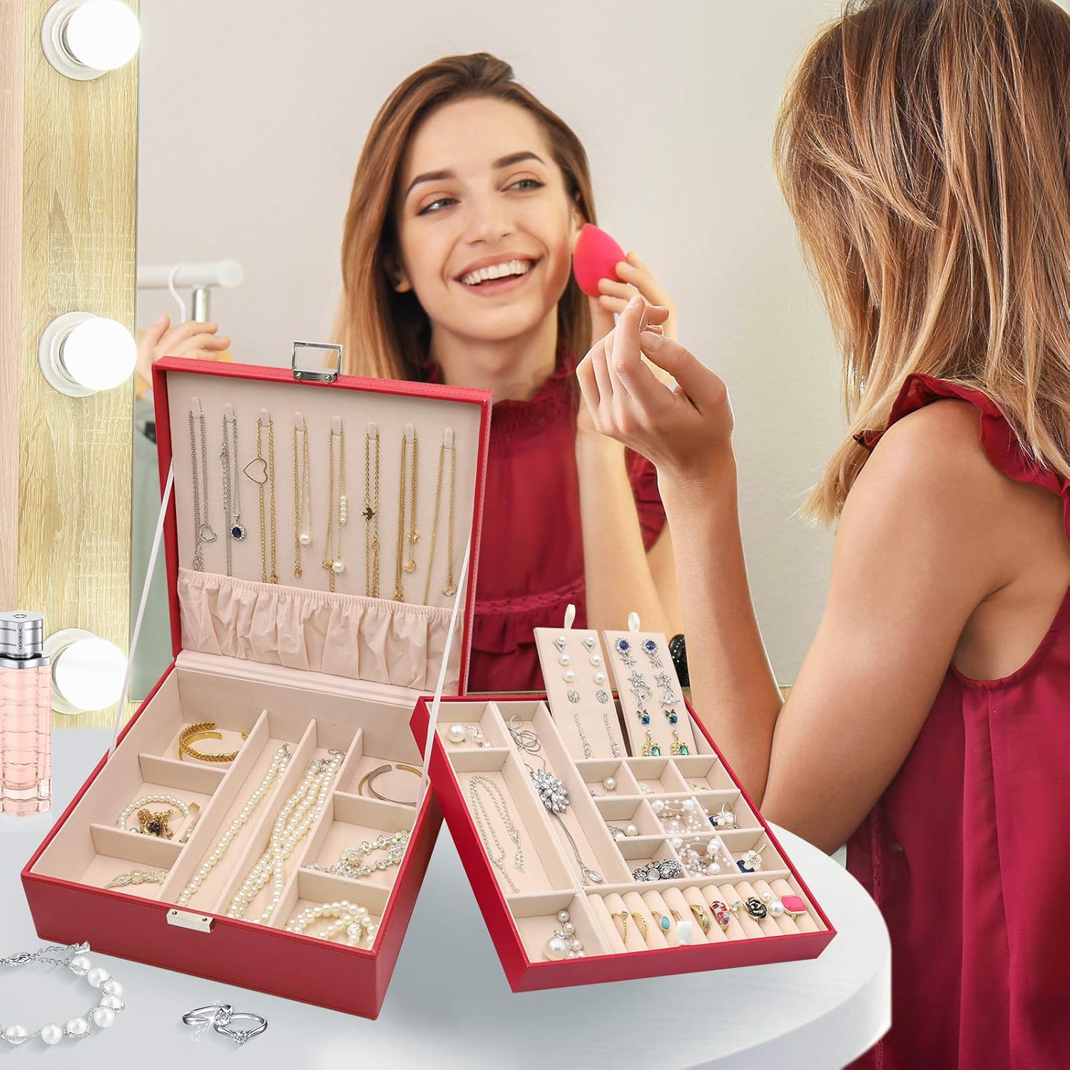 ProCase Jewelry Box for Women Girls Girlfriend Wife Ideal Gift, Large Leather Jewelry Organizer Storage Case with Two Layers Display for Earrings Bracelets Rings Watches -Red : Clothing, Shoes & Jewelry
