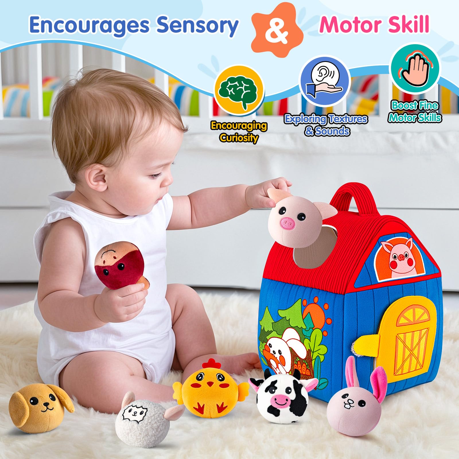 SAIMAND Baby Toys 6-12 Months, Surprise Barn with Plush Farm Animals, Rattle, Crinkle Paper & Mirror - Image 2