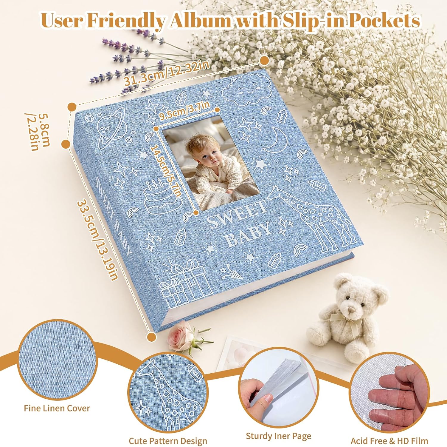 Baby Photo Album 4x6 600 Pockets with Memo Area & Hand and Footprint Kit, Linen Cover Slip-in Memory Book with Front Window, Acid-Free Keepsake for Newborn Boy Girl, First Year Moments