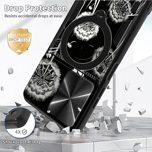 Vista 381 de Funda para Samsung Galaxy A13 5G con cubierta deslizante para lente de cámara y anillo giratorio de 360 grados, soporte híbrido de doble capa Flores