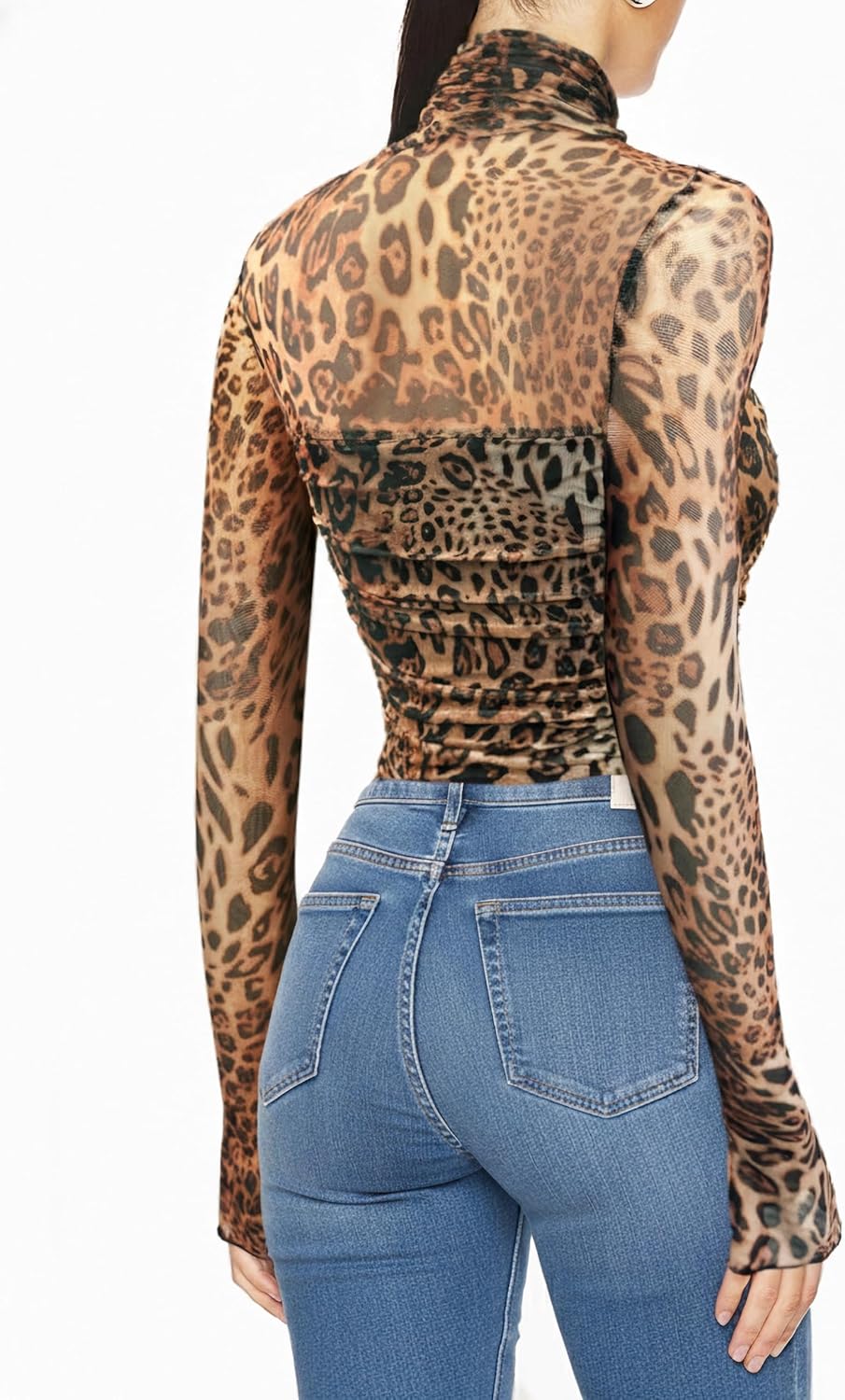 Women's Sexy Bodysuit for Outfits: Mock Turtle Neck Long Sleeve Body Suit - Mesh Sheer Ruched Going Out Bodysuits - Image 2