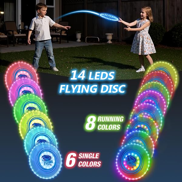 HYES 2 Pack Anillo Volador para Niños, 45 Leds, 14 Modos de Iluminación, Recargable, Ligero, Disco para Interiores y Exteriores, Juguetes Deportivos, Regalo para Niños y Niñas - 3