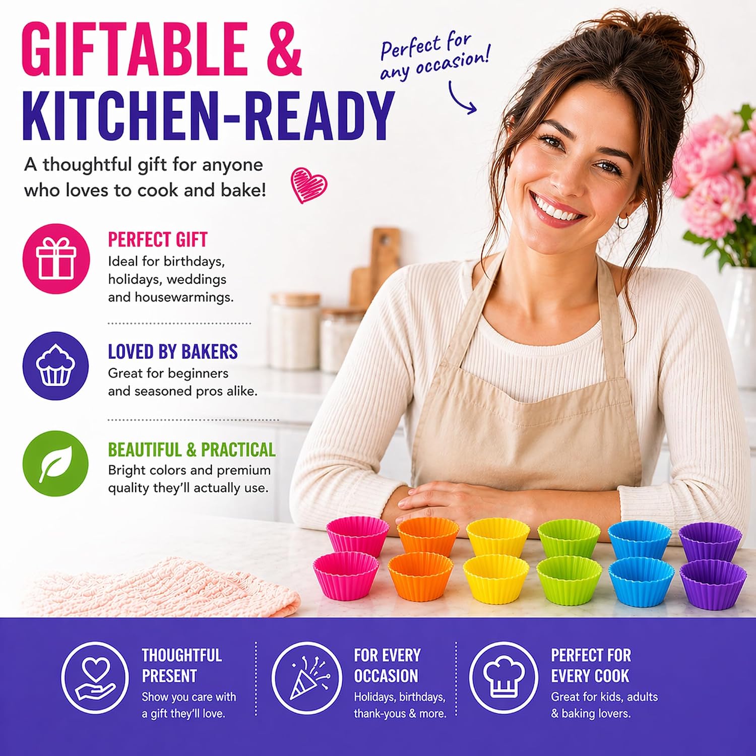 Cupcake Liners - Reusable Silicone Cupcake Baking Cups - Non-Stick Baking Muffins Mold - Use As Lunch Box Dividers - Set of 12 Kitchen Accessories - Great Gift Idea