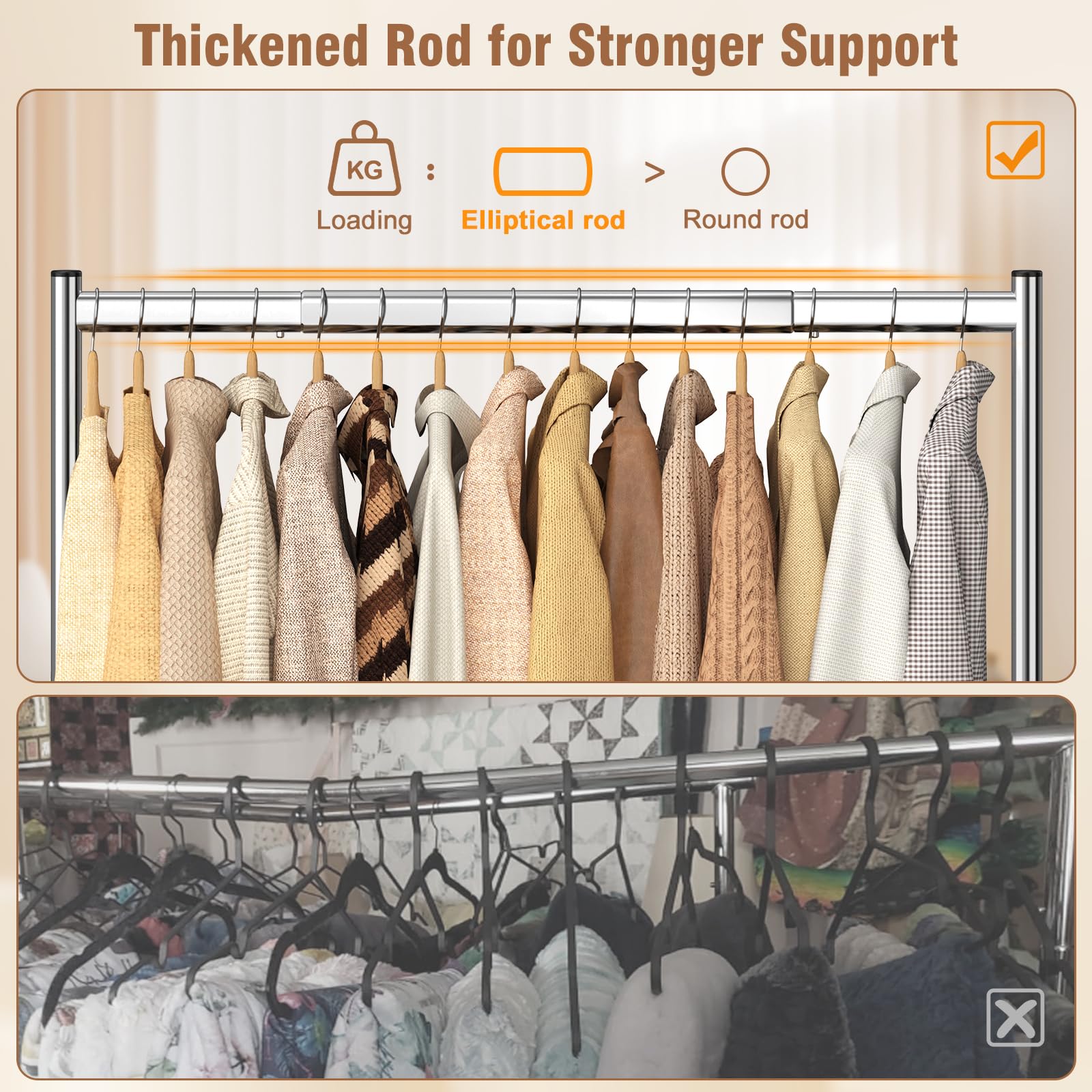 EAGMAK Tringle à vêtements robuste, capacité de charge 190 kg, tringle à vêtements mobile avec roulettes verrouillables, tringle à vêtements en métal debout avec étagères, garde-robe portable et
