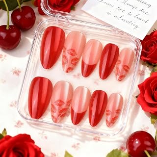 Valentines Press on Nails Medium Almond Fake Nails Red Cat Eye False Nails Lipstick French Tip Acrylic Nails Glossy Shiny Glue on Nails for Women Nail Decoration 24Pcs