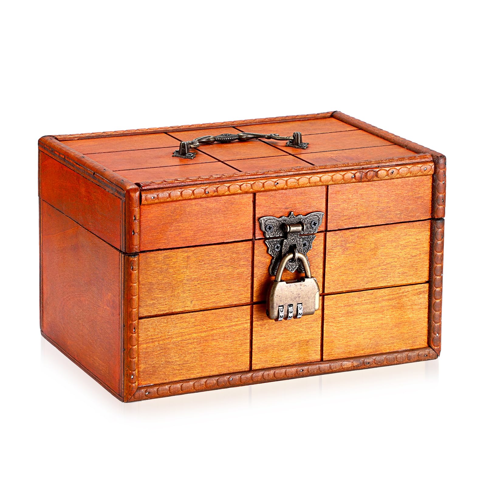 SUMNACON Wooden Treasure Chest Storage Box with Lock, Brown 22*14.8*13.5cm