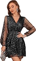 Floerns Women's Lantern Long Sleeve V-Neck Mesh Cocktail Party Short Dress - Elegant Sheer Mini Dress