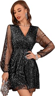 Floerns Women's Lantern Long Sleeve V-Neck Mesh Cocktail Party Short Dress - Elegant Sheer Mini Dress