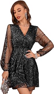 Women's Lantern Long Sleeve V Neck Mesh Cocktail Party Short Dress Without Belt - Buy now