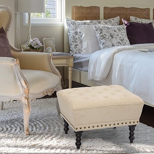 Miniatura 2 de Joveco Taburete otomano de tela reposapiés pequeño banco moderno asiento silla, Crema Blanco