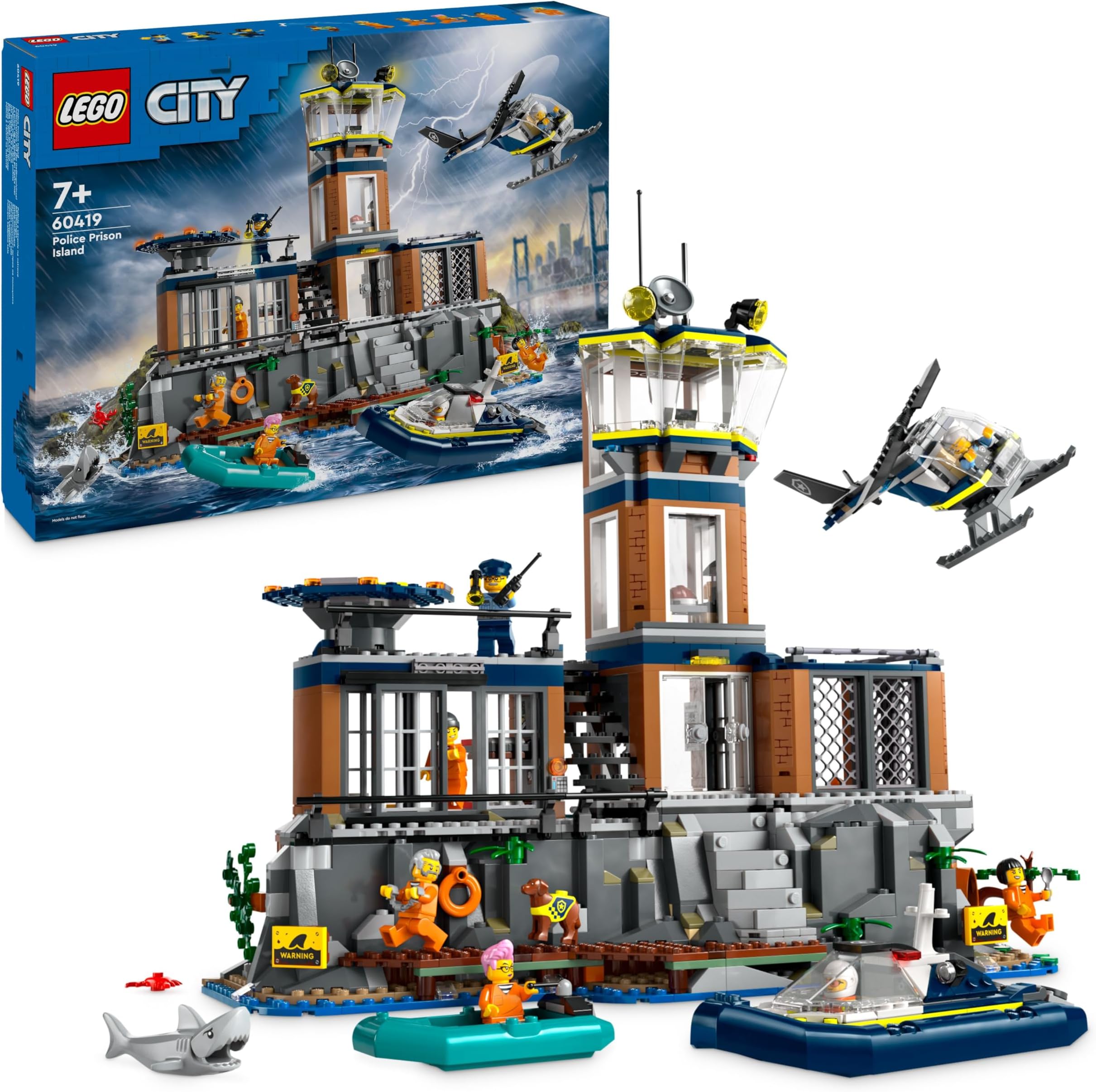 City Police Prison Island Toy for 7 Plus Year Old Boys, Girls & Kids, Emergency Vehicles Set with Helicopter, Boat, 7 Minifigures, Dog & Shark Figures for Imaginative Play, Birthday Gift 60419